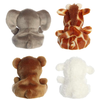 Back view of the Aurora Palm Pals Precious Moments animal set showing the soft plush back details of the elephant, giraffe, bear, and lamb.