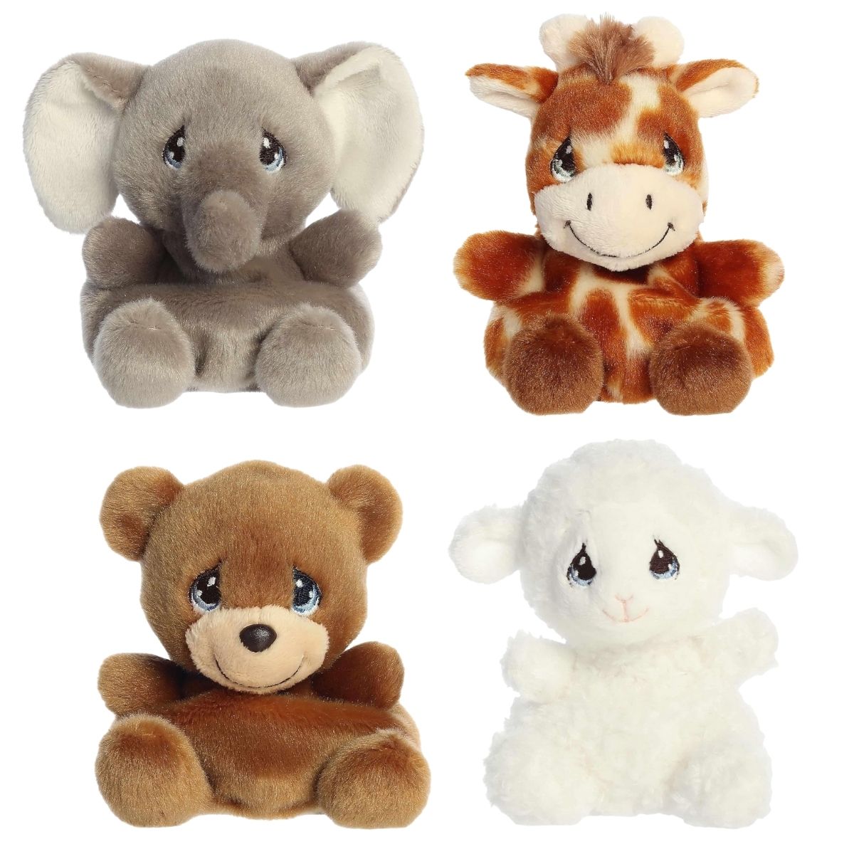 Front view of the 4-piece Aurora Palm Pals Precious Moments plush set sitting upright, featuring Tuk Elephant, Raffie Giraffe, Charlie Bear, and Luffie Lamb.