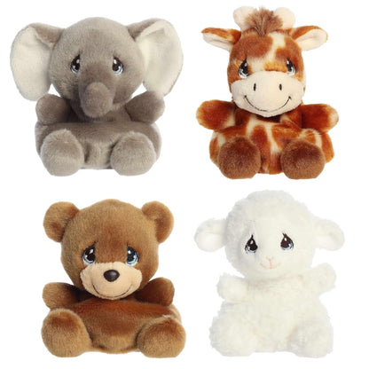 Front view of the 4-piece Aurora Palm Pals Precious Moments plush set sitting upright, featuring Tuk Elephant, Raffie Giraffe, Charlie Bear, and Luffie Lamb.