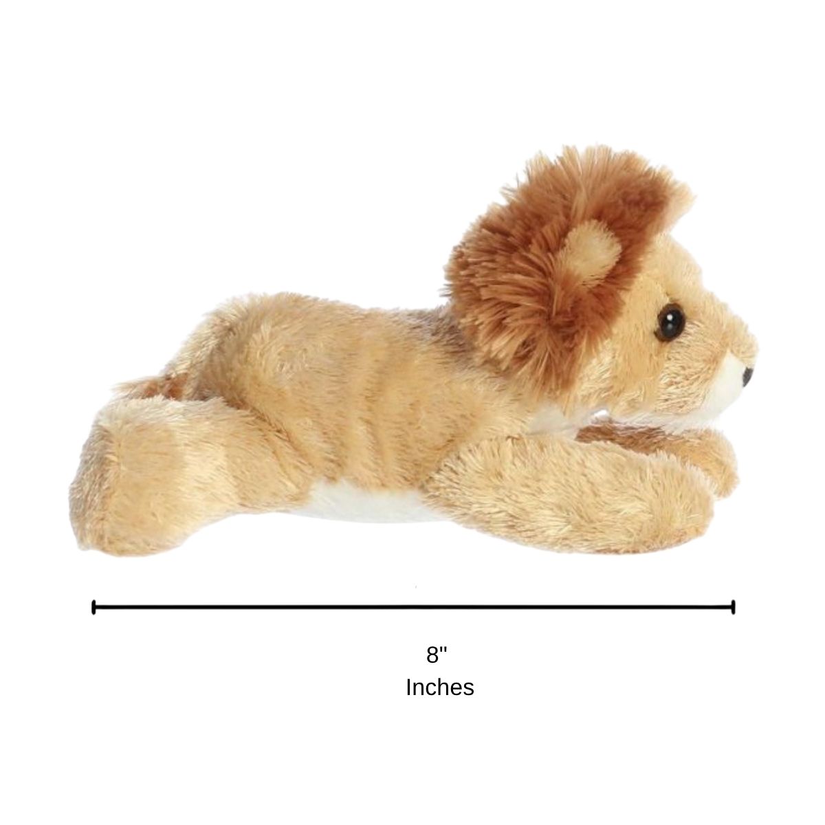 Full side profile view of the resting golden lion plush with a dimension line indicating its 8-inch length.