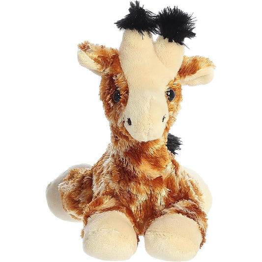 Direct front view of the soft spotted plush giraffe showing its cream-colored snout and tufted horns.