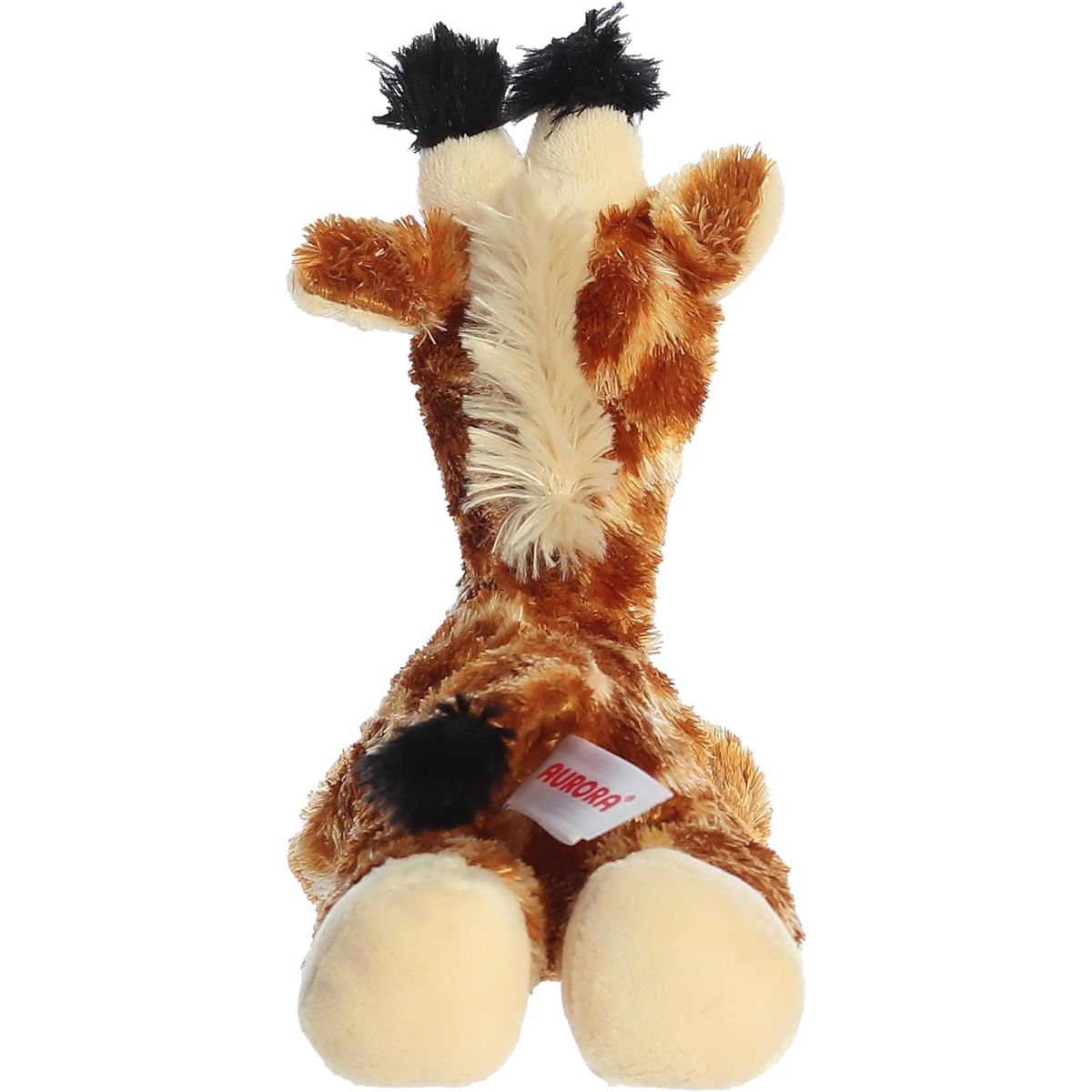 Back view of the cuddly Mini Flopsie giraffe stuffed animal highlighting its spotted back, mane, and tail.