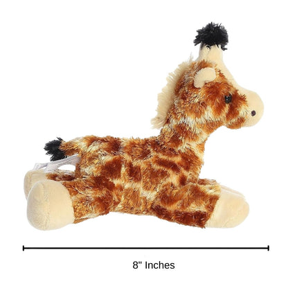 Dimension graphic showing the Aurora Mini Flopsie Gigi the Giraffe lying down with a measurement line indicating it is 8 inches long.