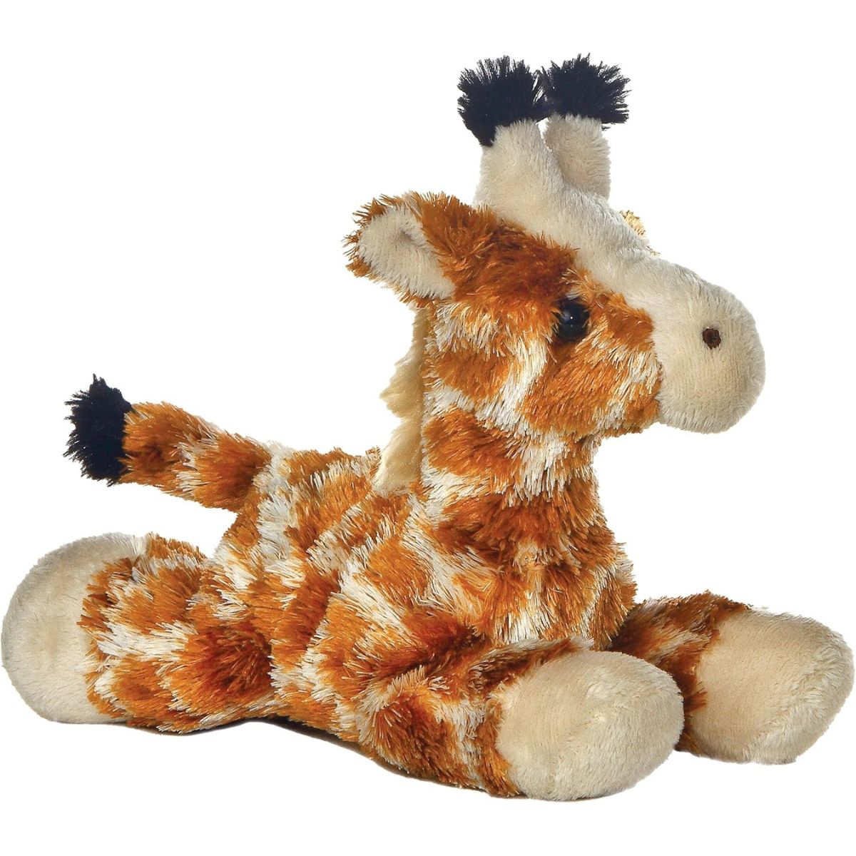 Angled side profile view of the 8-inch Aurora Mini Flopsie Gigi the Giraffe plush resting on its belly.