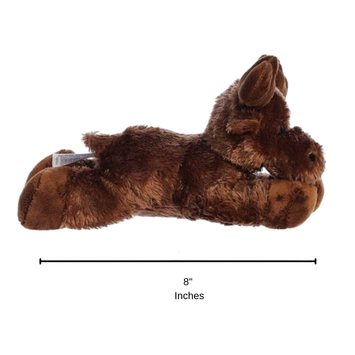 Full side profile view of the resting brown moose plush with a dimension line indicating its 8-inch length.