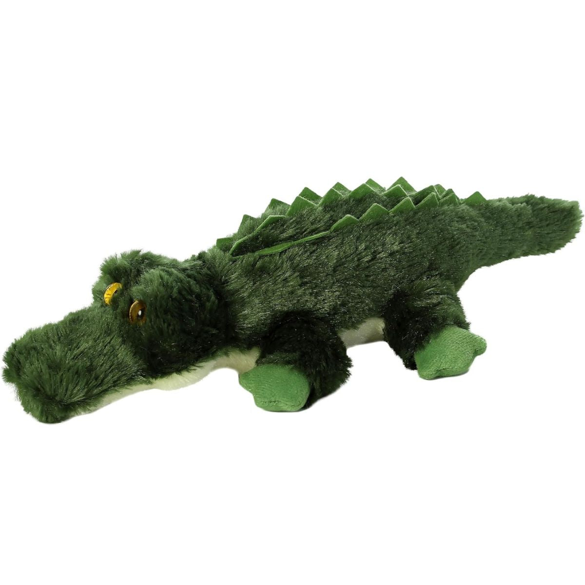 Full side profile of the alligator stuffed animal highlighting its lounging posture and soft ridges along its back.