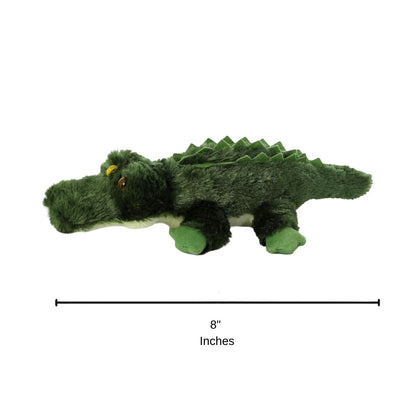 Side profile of the Gotcha Alligator plush with a dimension line indicating its 8-inch length.