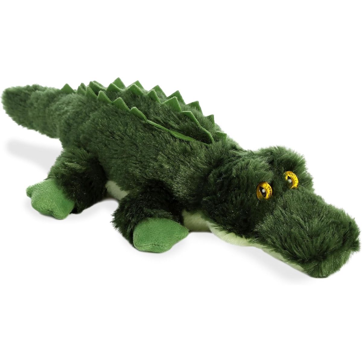 Angled front view of the Aurora Mini Flopsie Gotcha the Alligator 8-inch plush resting on its belly, featuring green fur and yellow eyes.
