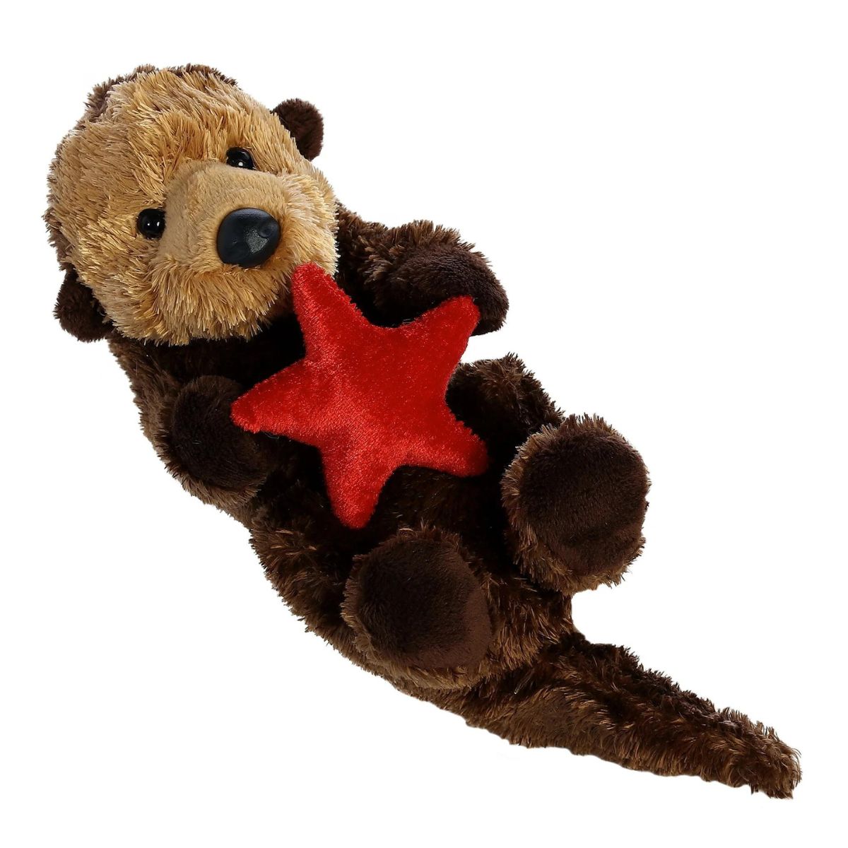 Top-down view of the Aurora Mini Flopsie Otto the Sea Otter 8-inch plush floating on its back and holding a red starfish.