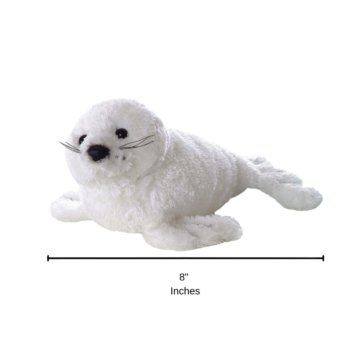 Side profile of the Aurora Mini Flopsie white seal plush with a dimension line indicating its 8-inch length.