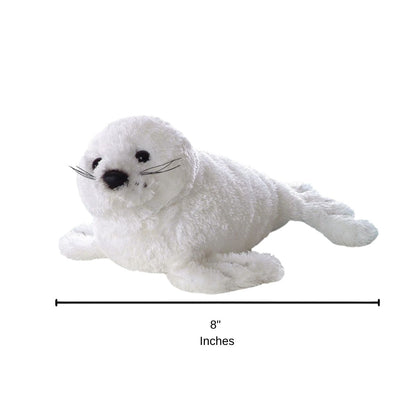 Side profile of the Aurora Mini Flopsie white seal plush with a dimension line indicating its 8-inch length.