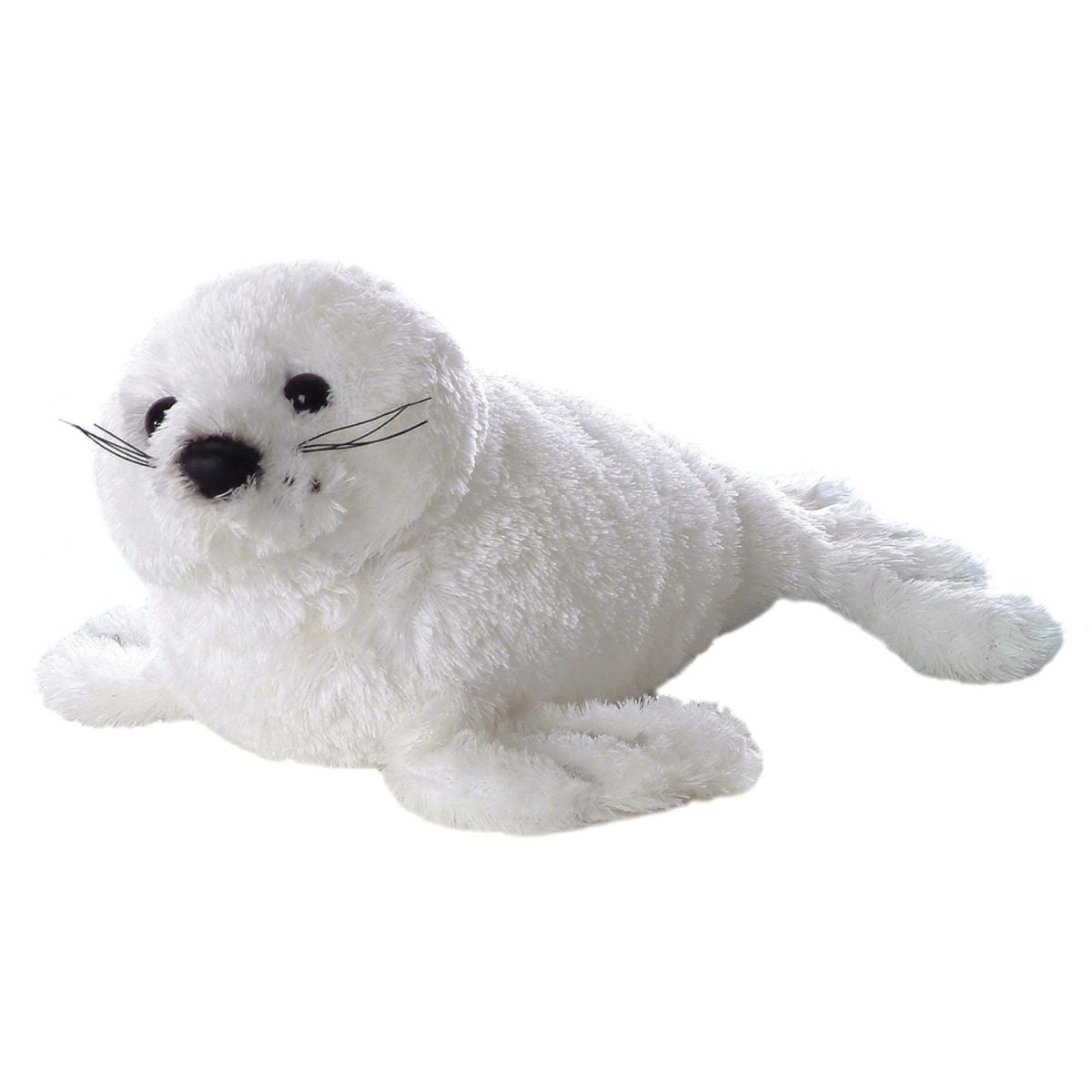 Angled side view of the Aurora Mini Flopsie White Harp Seal 8-inch plush resting on its belly, featuring soft white fur and whiskers.