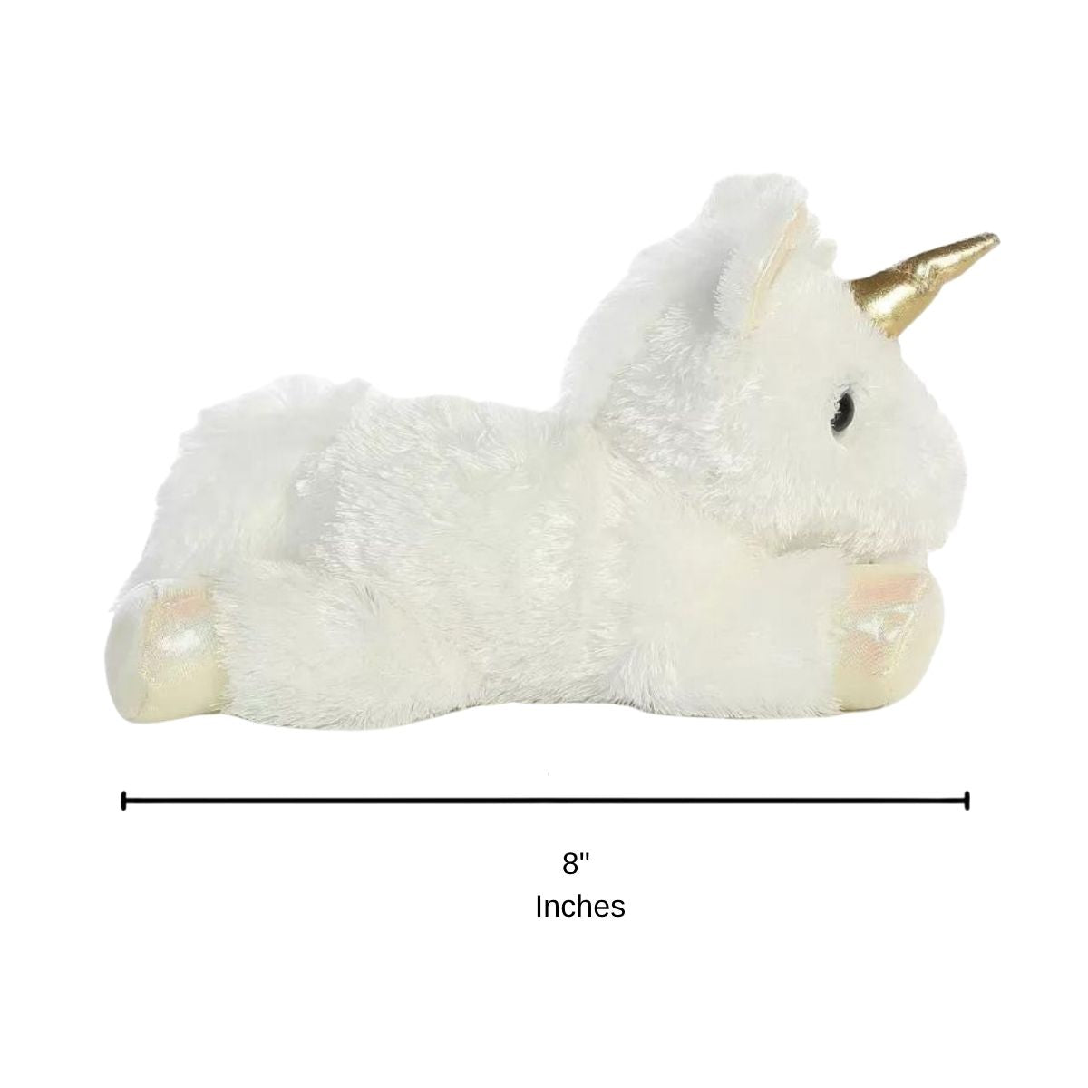 Full side profile of the resting white unicorn plush with a dimension line indicating its 8-inch length.