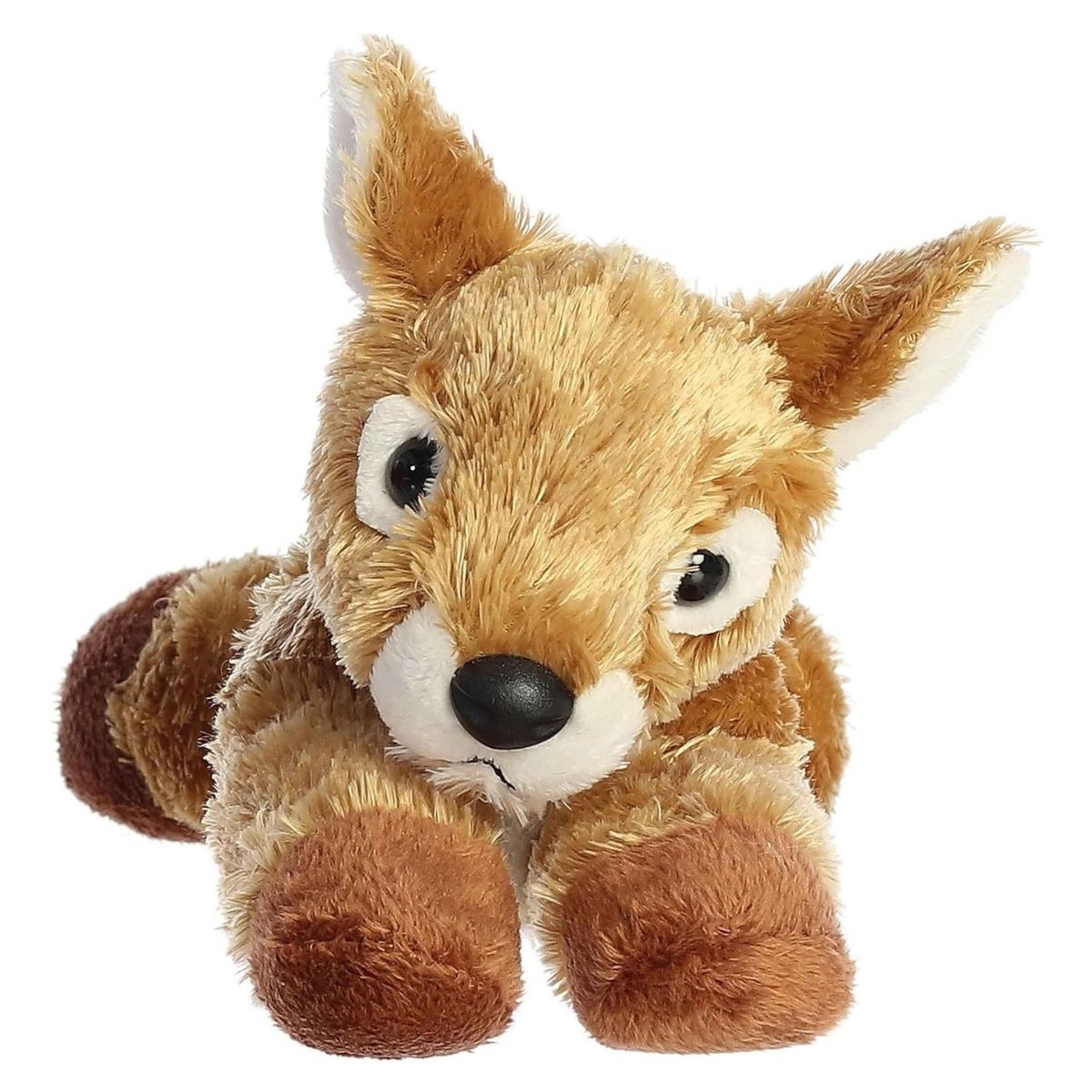 Straight-on front view of the deer fawn stuffed animal highlighting its large dark eyes, black button nose, and alert ears.