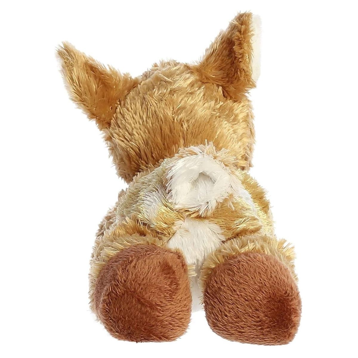 Rear view of the fawn plush showing its hind legs stretched out flat, its soft brown hooves, and a white underside on its tail.