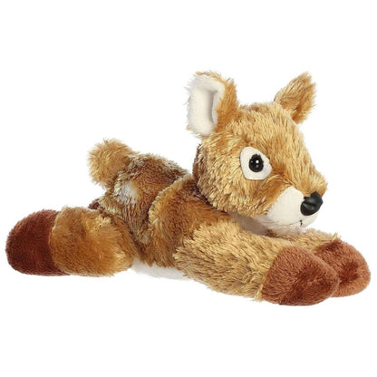 Angled side view of the Aurora Mini Flopsie Fawne Deer 8-inch plush resting on its belly, featuring golden-brown fur and a tiny tufted tail.