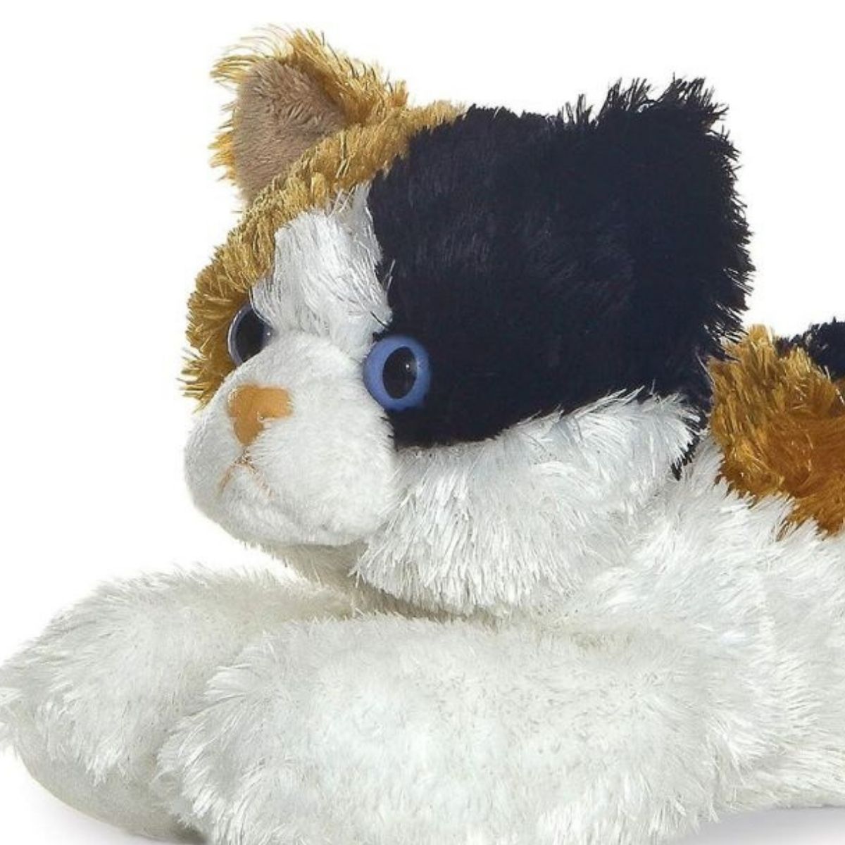Close-up front profile of the calico cat stuffed animal highlighting its blue eyes, white muzzle, and pink button nose.