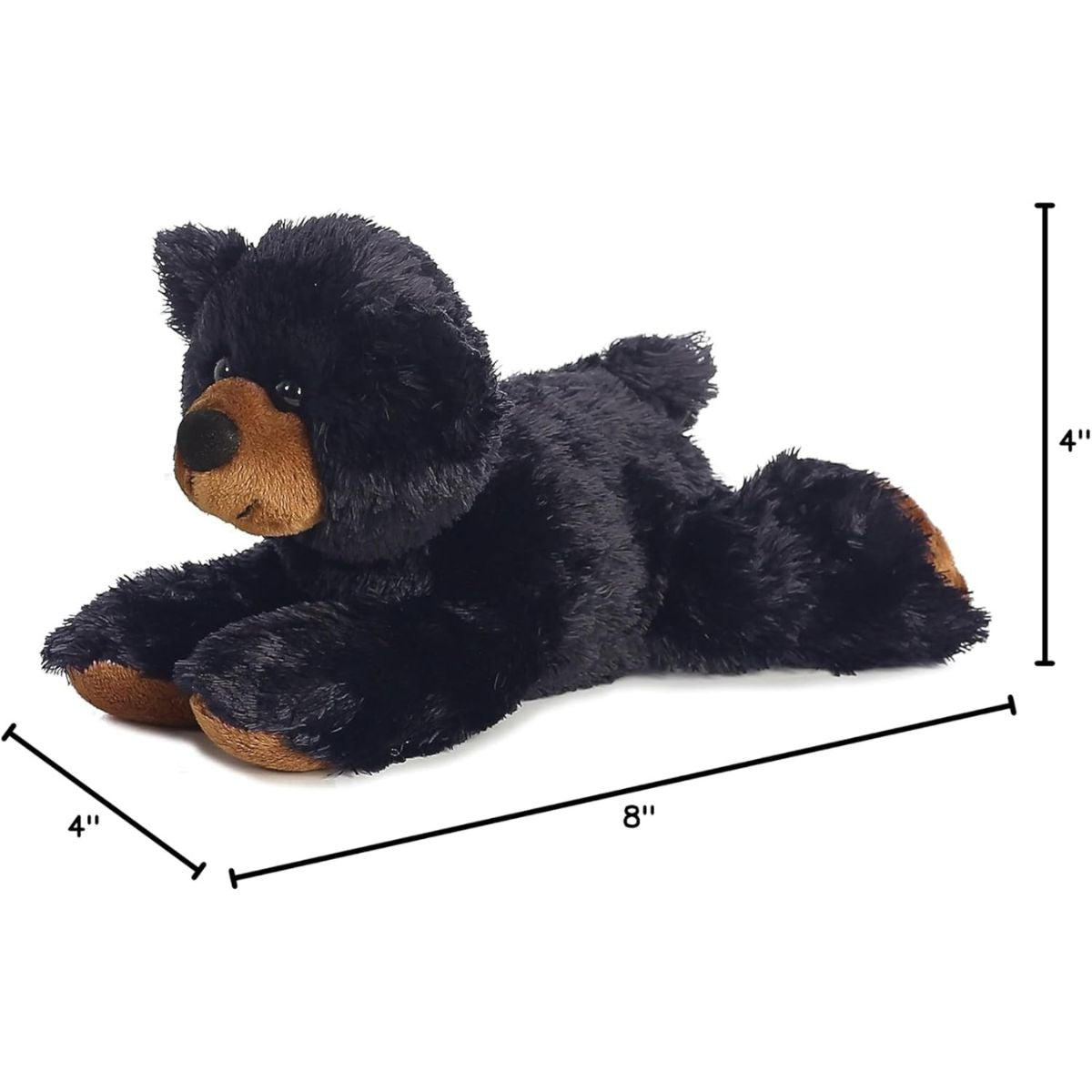 Angled side profile of the Sullivan Black Bear plush with dimension lines indicating its 8-inch length and height.