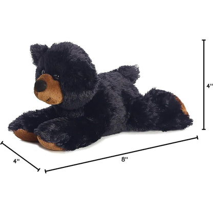 Angled side profile of the Sullivan Black Bear plush with dimension lines indicating its 8-inch length and height.