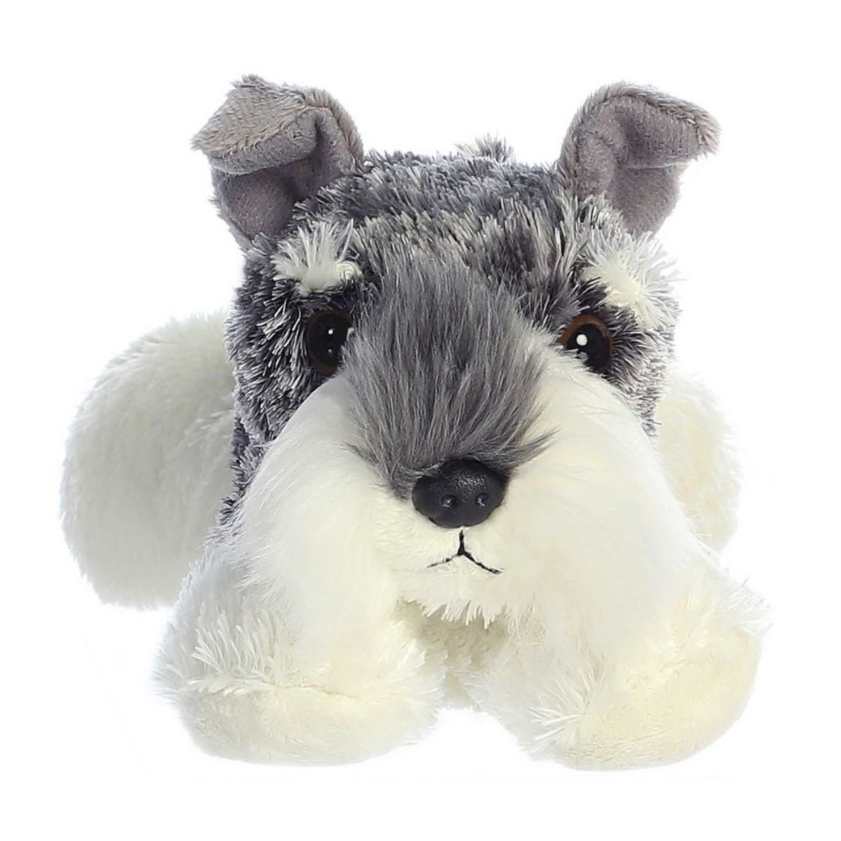 Straight-on front view of the Schnauzer pup stuffed animal highlighting its iconic bushy white eyebrows and beard.
