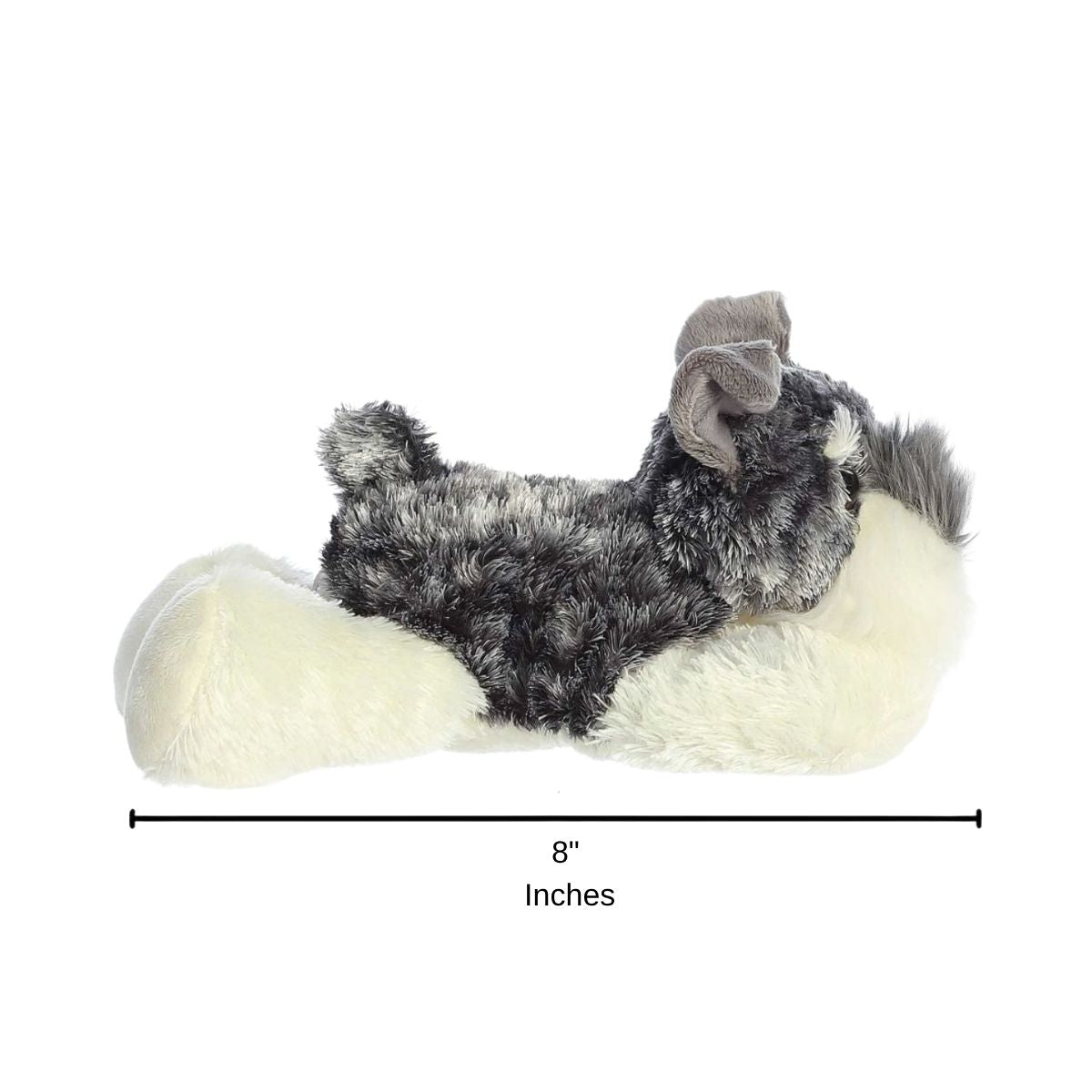 Side profile of the Stein the Schnauzer plush with a dimension line indicating its 8-inch length.