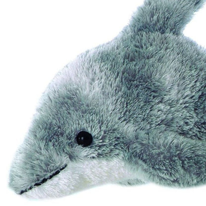 Close-up view of the dolphin's face highlighting its sweet dark eyes, friendly smile, and soft plush texture.