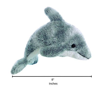 Full side profile of the Dorsey Dolphin plush with a dimension line indicating its 8-inch length.