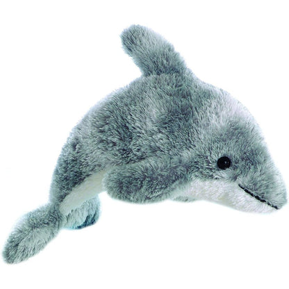 Side view of the Aurora Mini Flopsie Dorsey the Dolphin 8-inch plush in a leaping pose, featuring soft grey and white fur.