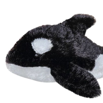 Close-up view of the Orca's head highlighting its signature white eye patch and soft plush texture.