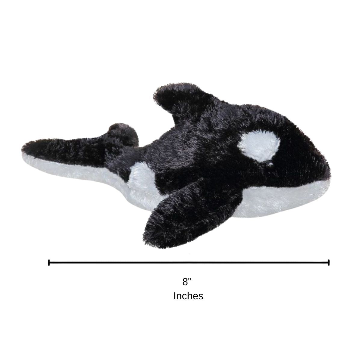 Full side profile of the Orca Whale plush with a dimension line indicating its 8-inch length.