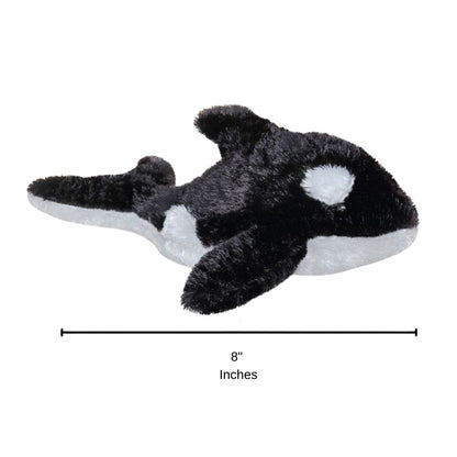 Full side profile of the Orca Whale plush with a dimension line indicating its 8-inch length.