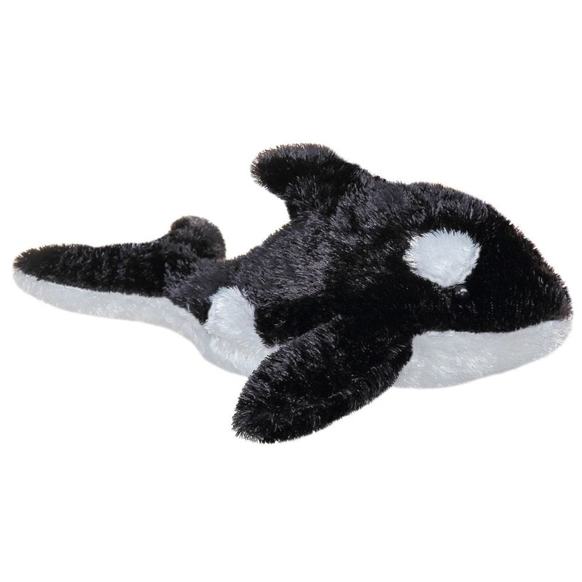 Side view of the Aurora Mini Flopsie Orca Whale 8-inch plush featuring soft black and white fur and a dorsal fin.