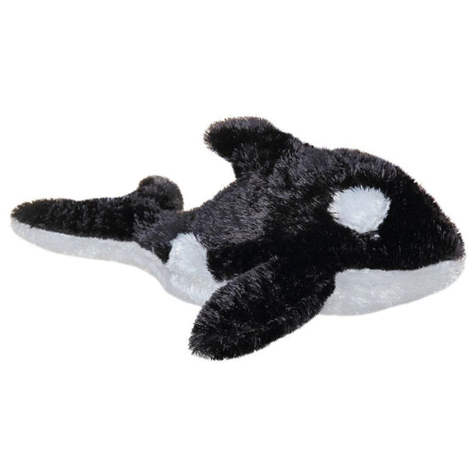 Side view of the Aurora Mini Flopsie Orca Whale 8-inch plush featuring soft black and white fur and a dorsal fin.