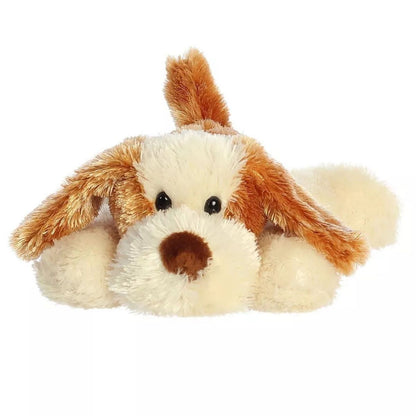 Straight-on front view of the brown and cream dog stuffed animal highlighting its floppy ears, dark eyes, and brown button nose.