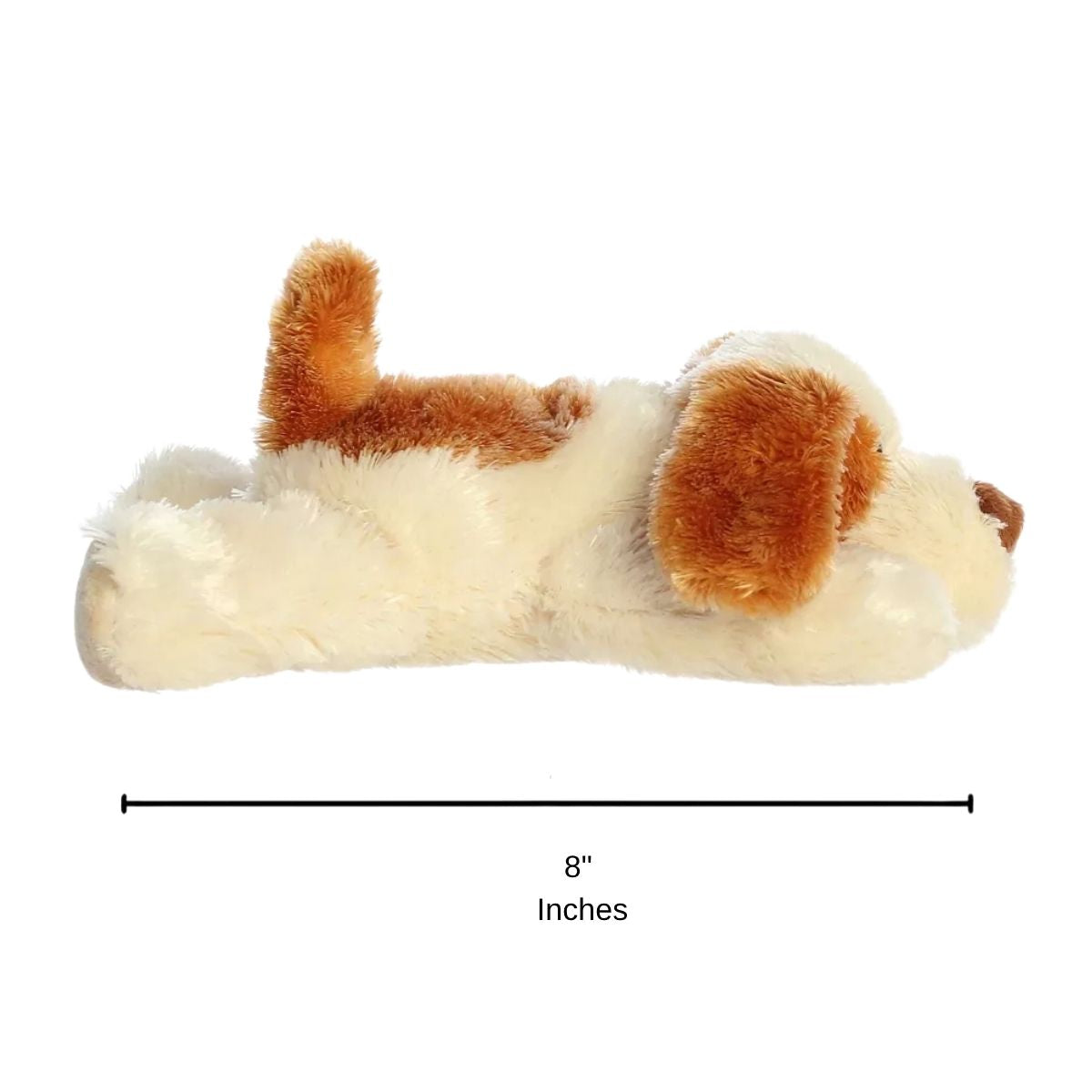 Full side profile of the resting brown and white puppy plush with a dimension line indicating its 8-inch length.