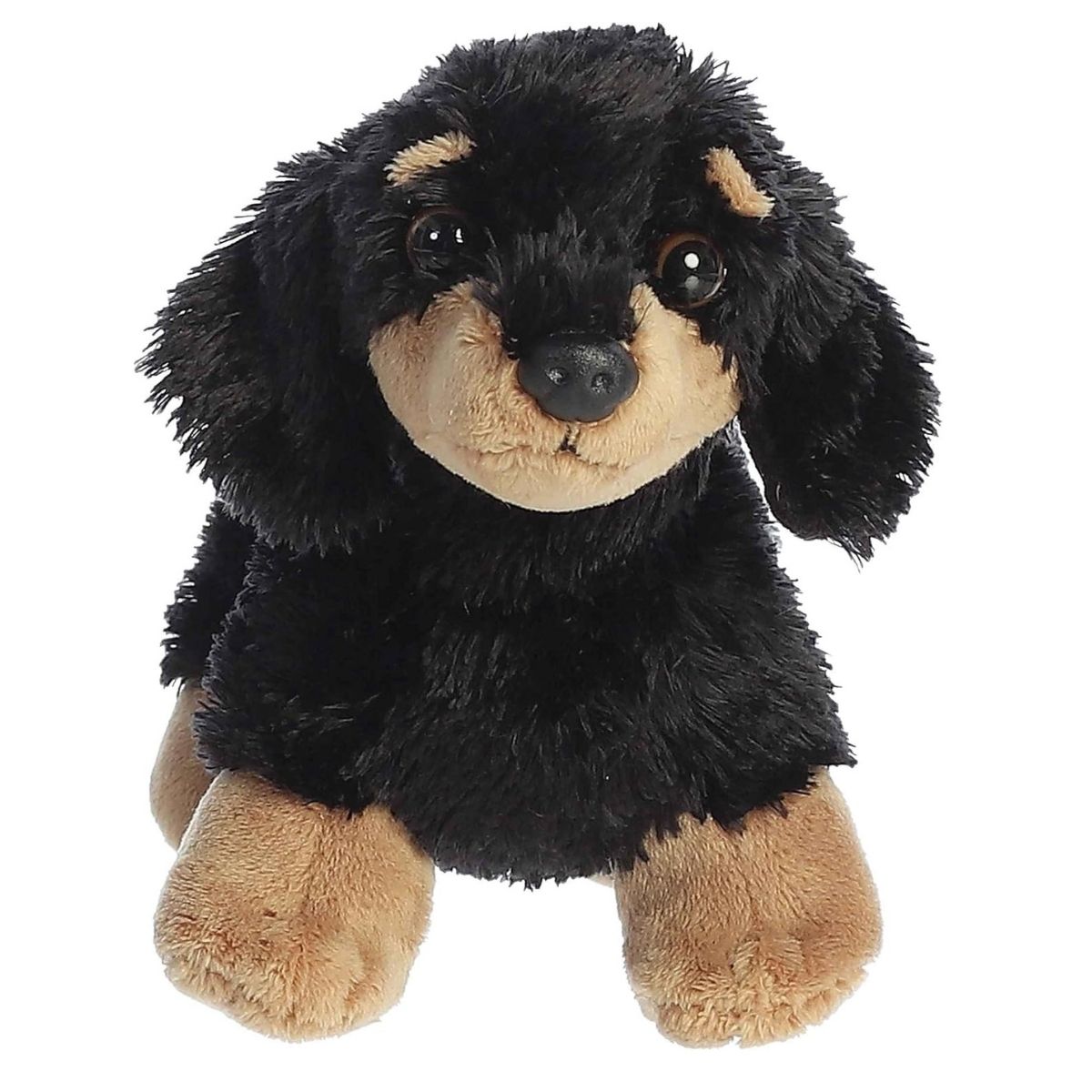 Straight-on front view of the soft Vienna Dachshund stuffed animal showing its sweet face, tan eyebrows, and dark eyes.