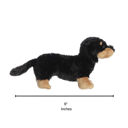Side profile view of the dachshund plush resting on its tummy with a measurement graphic indicating it is 8 inches long.