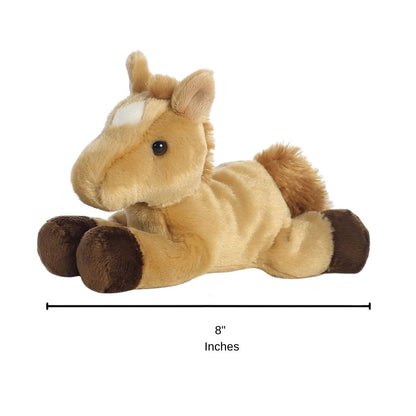 Full side profile of the resting tan pony plush with a dimension line indicating its 8-inch length.