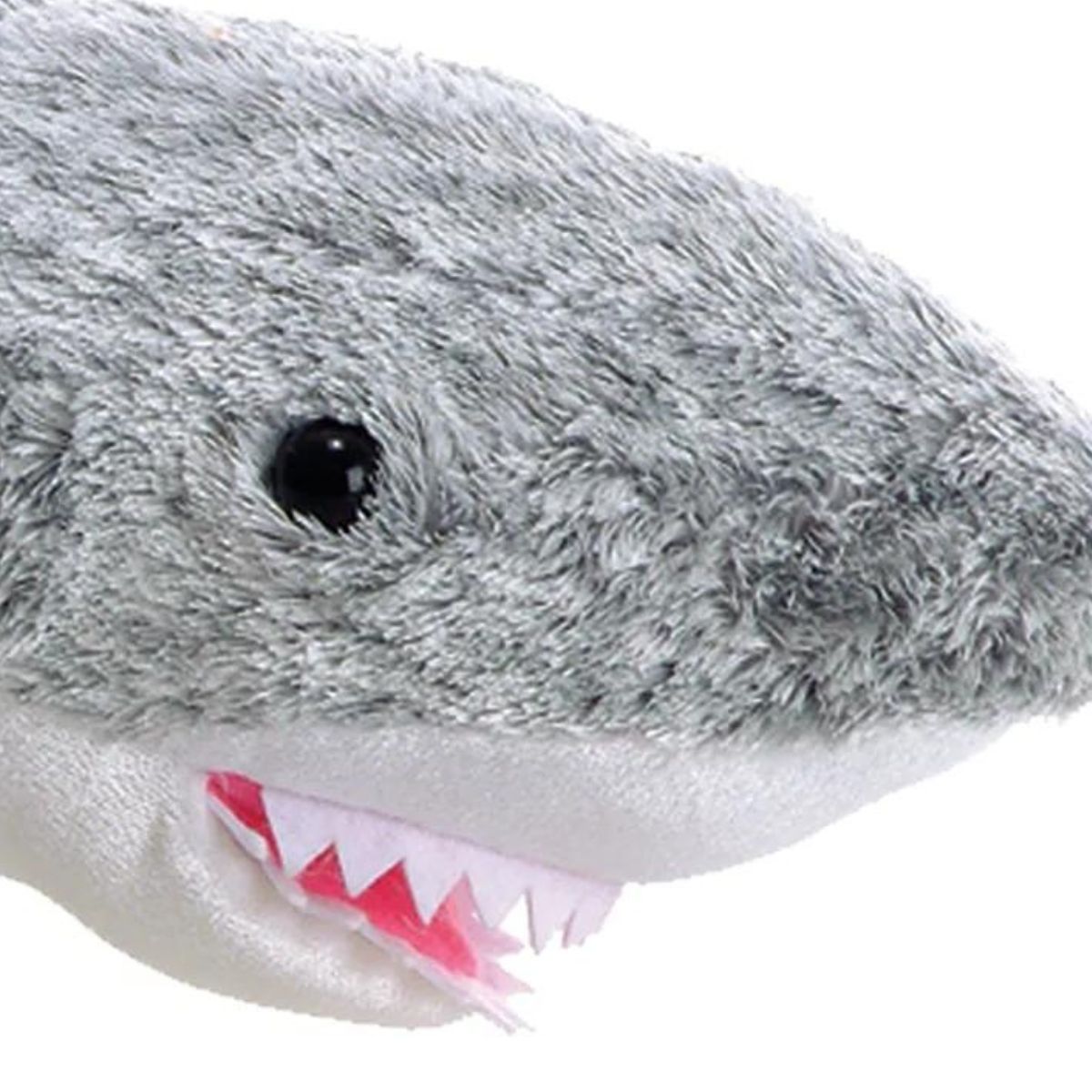 Close-up view of the shark's face highlighting its dark eye, detailed gills, and soft felt teeth inside a pink mouth.