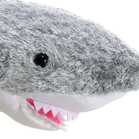Close-up view of the shark's face highlighting its dark eye, detailed gills, and soft felt teeth inside a pink mouth.