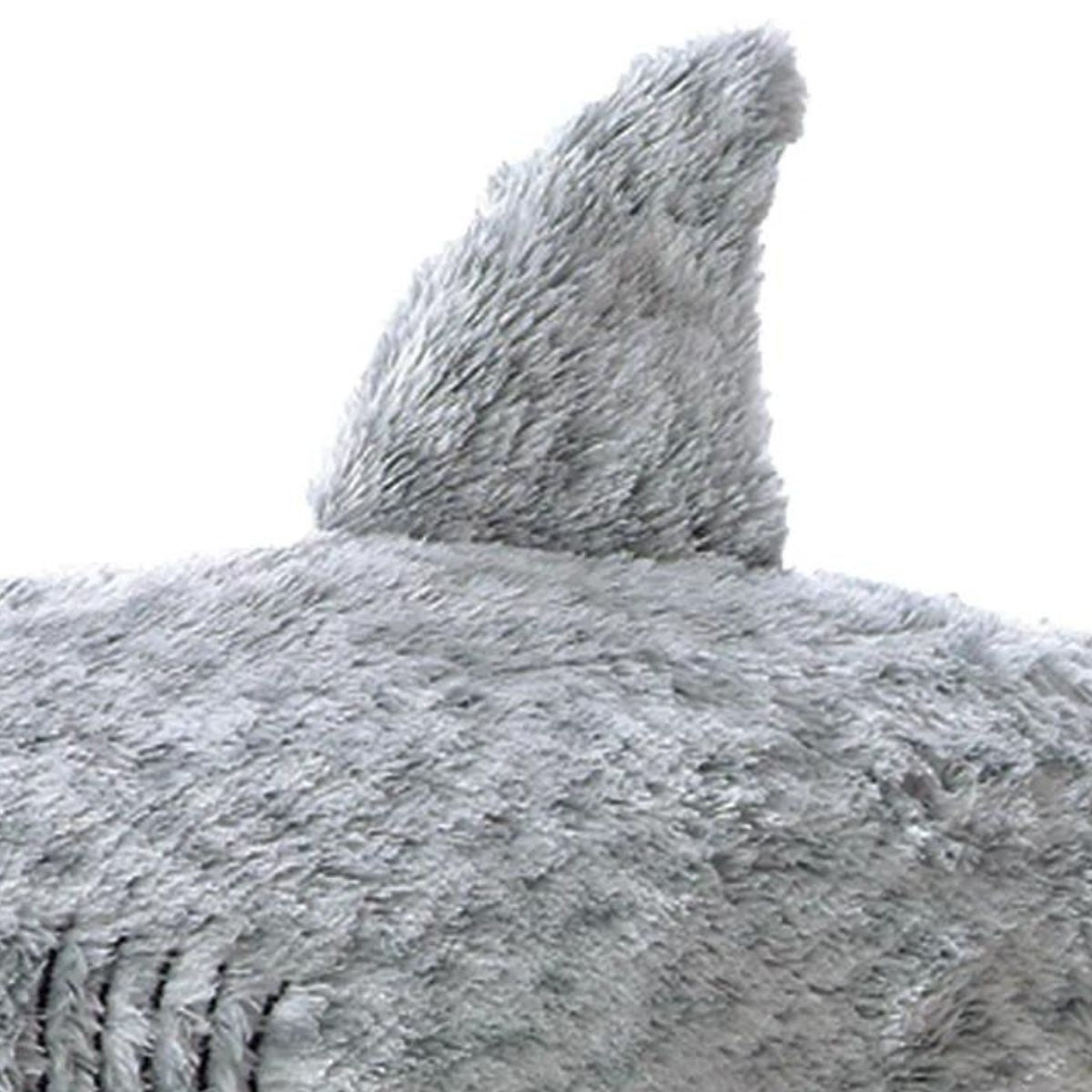 Close-up of the shark's dorsal fin showing the soft, textured grey plush fabric.
