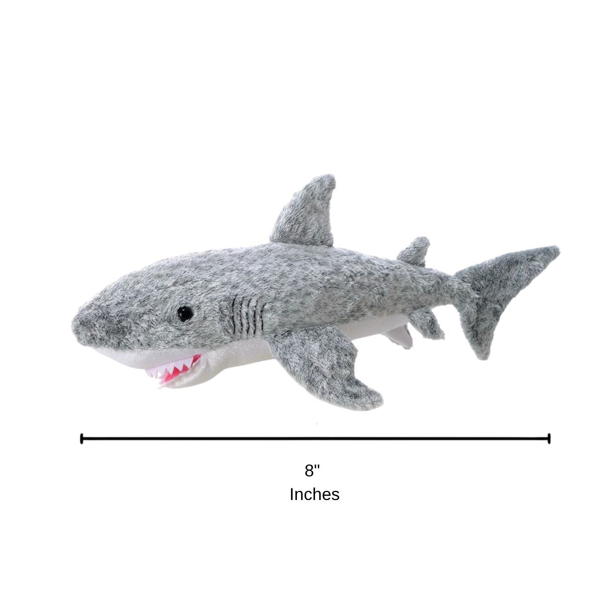 Side profile of the Samuel the Shark plush with a dimension line indicating its 8-inch length.