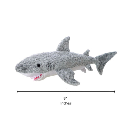 Side profile of the Samuel the Shark plush with a dimension line indicating its 8-inch length.