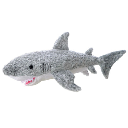 Side view of the Aurora Mini Flopsie Samuel the Shark 8-inch plush featuring grey fur, white belly, and a toothy grin.