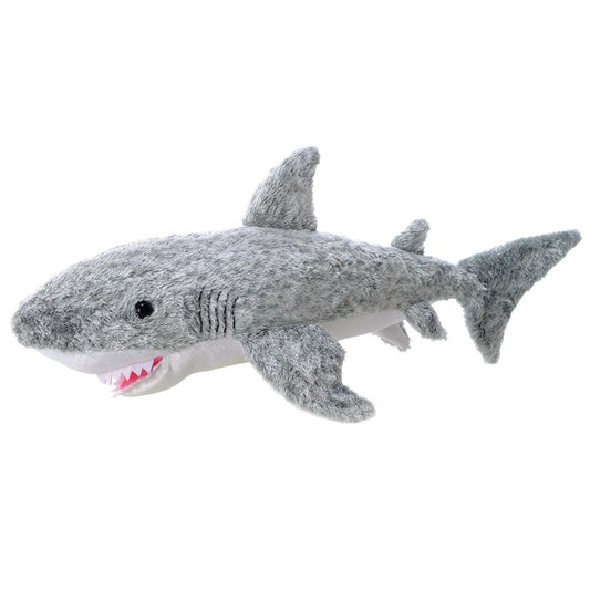 Side view of the Aurora Mini Flopsie Samuel the Shark 8-inch plush featuring grey fur, white belly, and a toothy grin.