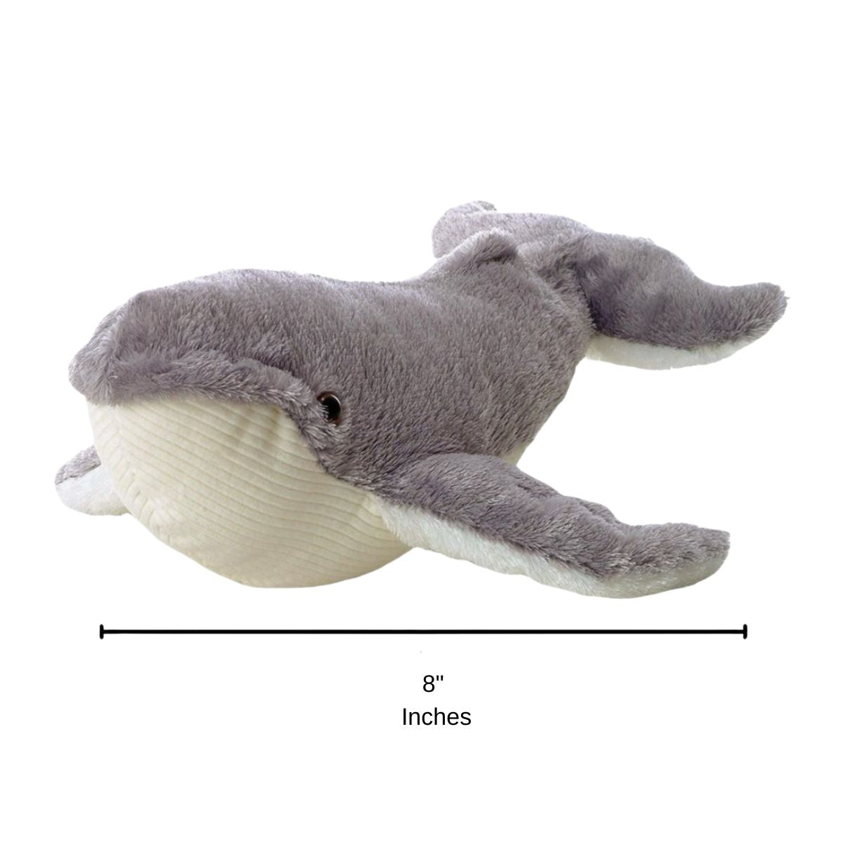Angled side profile of the Ahab Whale plush resting on its tummy with a measurement graphic indicating it is 8 inches long.