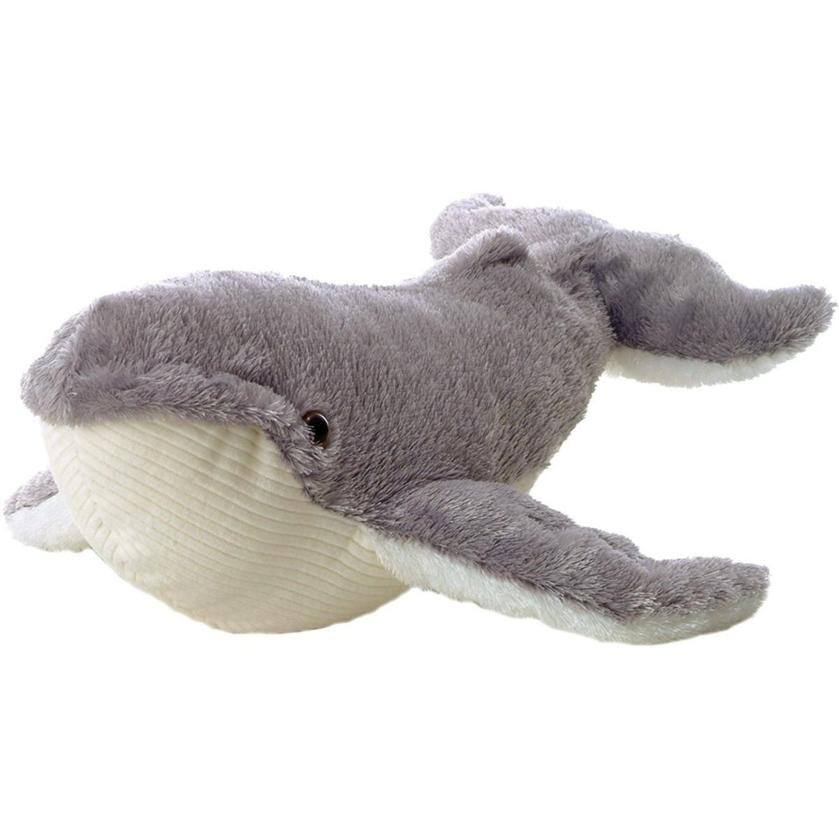 Angled front-side view of the 8-inch Aurora Mini Flopsie Ahab the Whale stuffed animal showing its grey body, wide flippers, and cream underbelly.