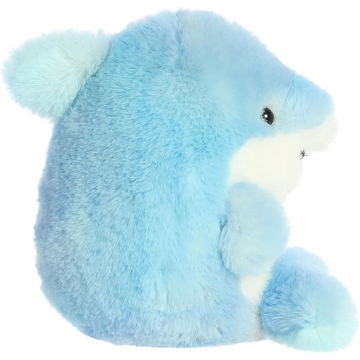 Side profile of the Aurora Rolly Pet Sutton Shark plush highlighting its dorsal fin and round, cuddly body.