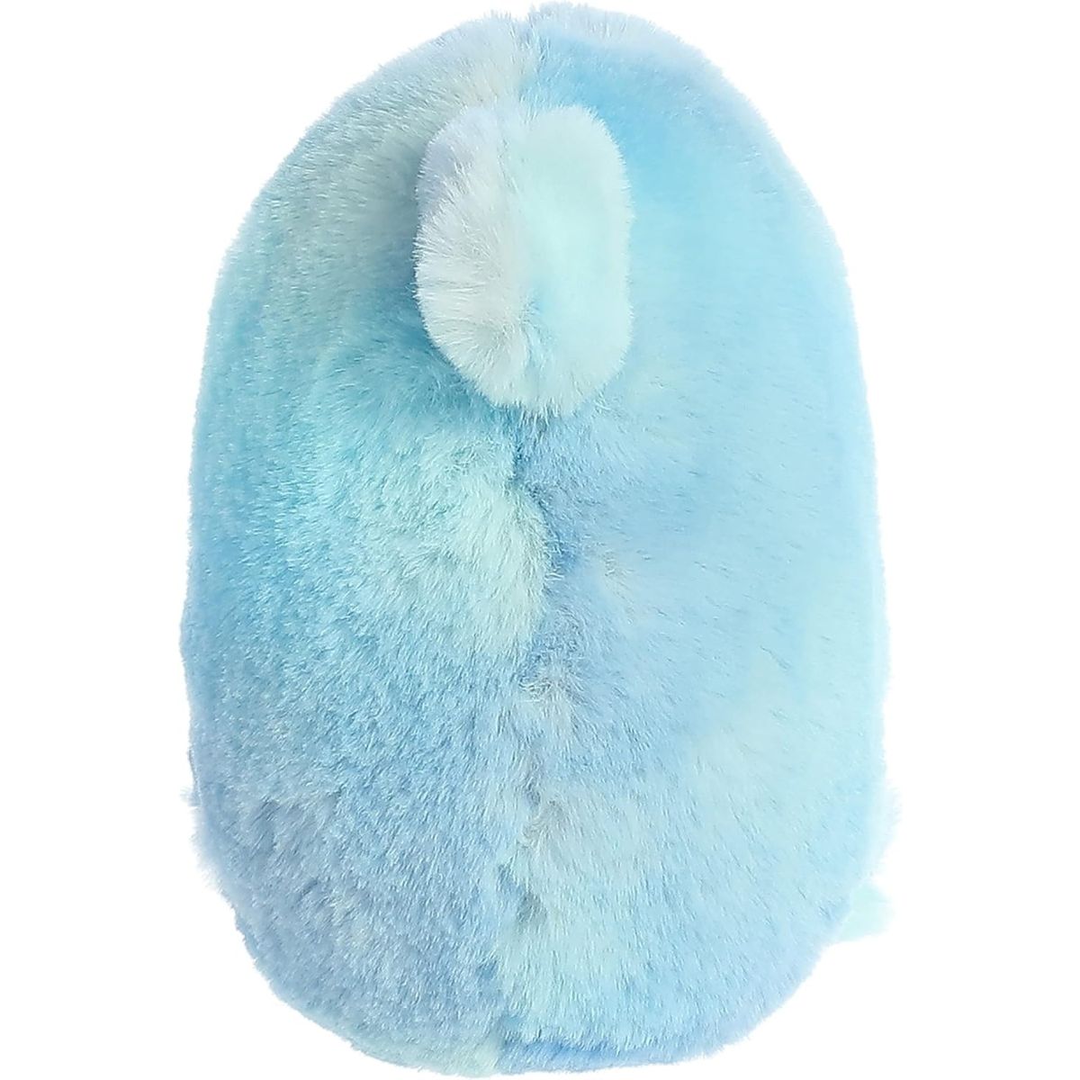 Direct back view of the light blue Rolly Pet shark stuffed animal showing its round shape and back fin.