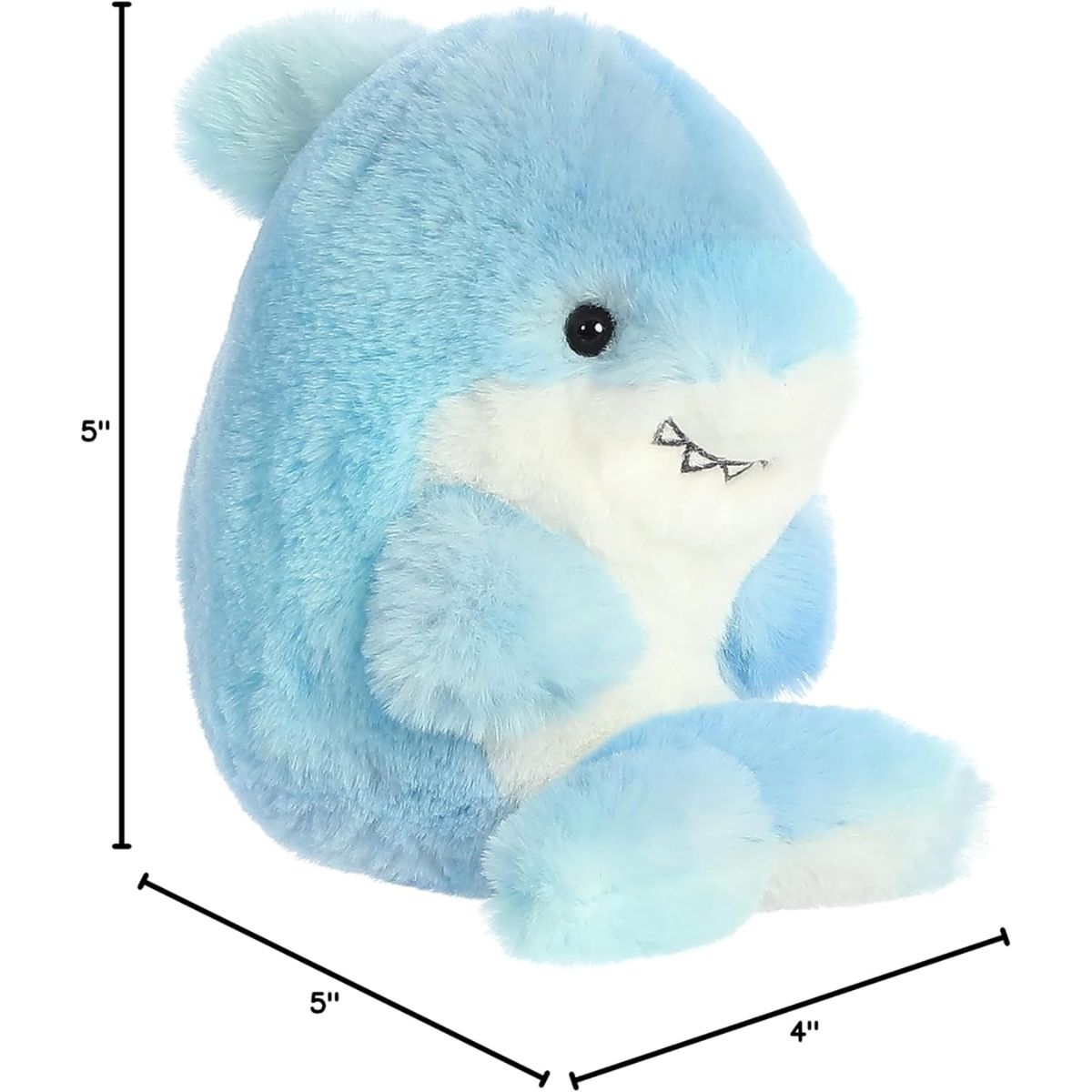 Dimension graphic showing the 5-inch Aurora Rolly Pet Sutton Shark with height, width, and depth measurement labels.